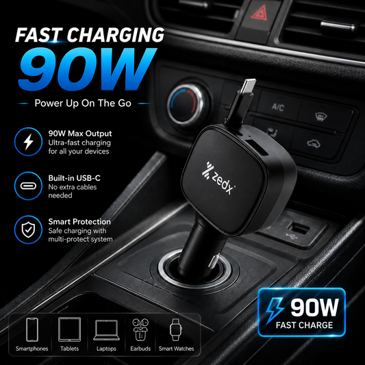 90W PD Car Charger with Retractable Cable