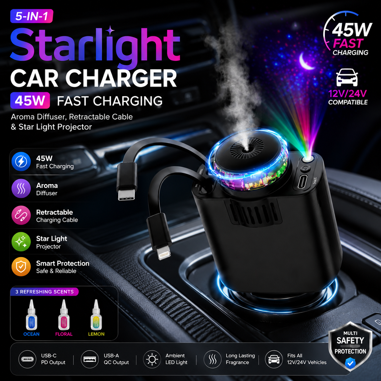 5-in-1 Starlight Car Charger 45W